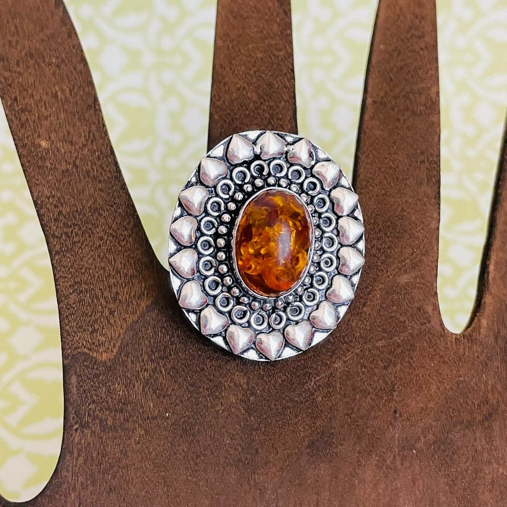 Amber Boho Cocktail Chunky 925 Sterling Silver Plated Ring Size 7.5 NEW